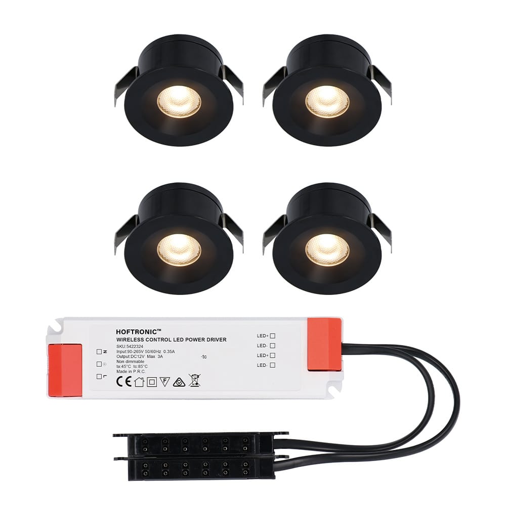 Set van 4 Cadiz LED Mini Inbouwspots met Trafo - 12 Volt 3 Watt 200 lumen - Plat 26mm - 2700K - IP44 waterdicht - Niet Dimbaar - Zwart afbeelding