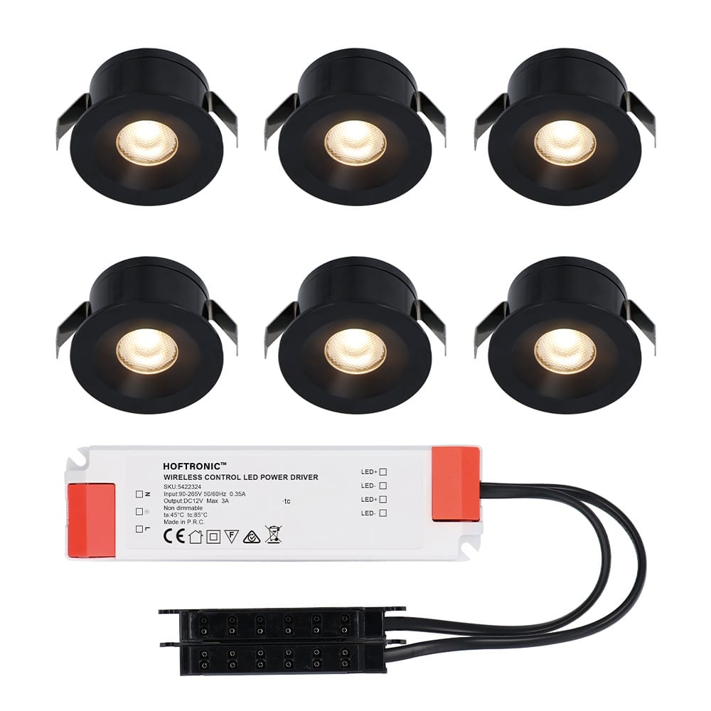 Set van 6 Cadiz LED Mini Inbouwspots met Trafo - 12 Volt 3 Watt 200 lumen - Plat 26mm - 2700K - IP44 waterdicht - Niet Dimbaar - Zwart afbeelding