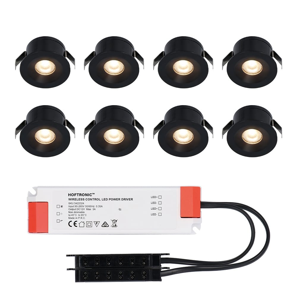 Set van 8 Cadiz LED Mini Inbouwspots met Trafo - 12 Volt 3 Watt 200 lumen - Plat 26mm - 2700K - IP44 waterdicht - Niet Dimbaar - Zwart afbeelding