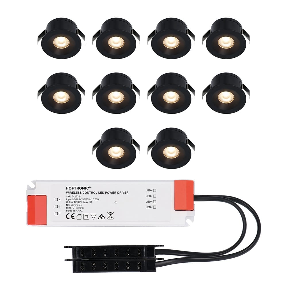 Set van 10 Cadiz LED Mini Inbouwspots met Trafo - 12 Volt 3 Watt 200 lumen - Plat 26mm - 2700K - IP44 waterdicht - Niet Dimbaar - Zwart afbeelding
