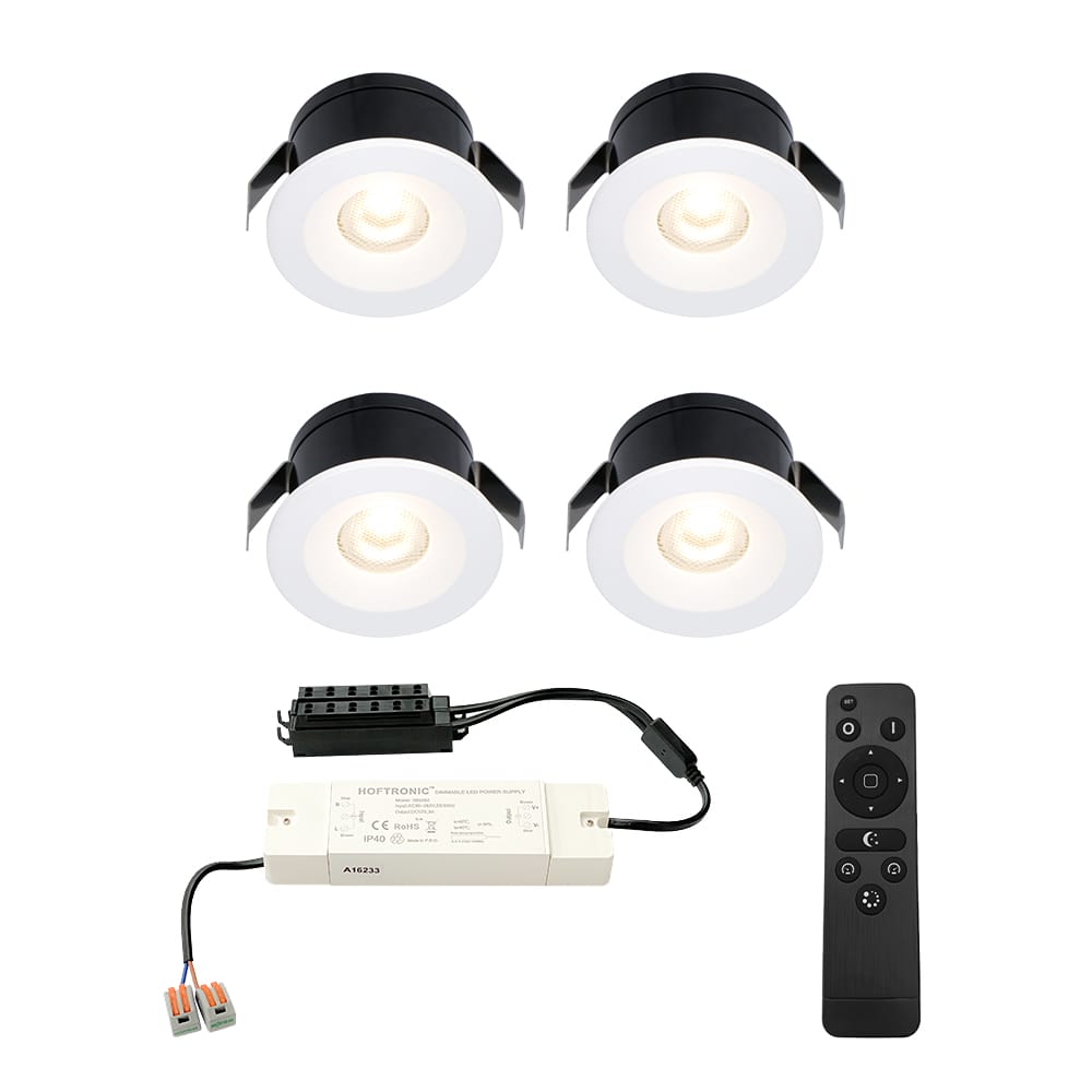 Set van 4 Cadiz LED Mini Inbouwspots met Trafo 12 Volt 3 Watt 200 lumen Dimbaar Plat 26mm (Lage inbouwdiepte) 2700K IP44 waterdicht Wit Veranda spotjes overkapping spotjes