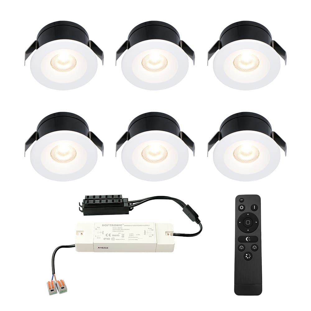Set van 6 Cadiz LED Mini Inbouwspots met Trafo - 12 Volt 3 Watt 200 lumen - Dimbaar - Plat 26mm (Lage inbouwdiepte) - 2700K - IP44 waterdicht - Wit - Veranda spotjes - overkapping spotjes afbeelding