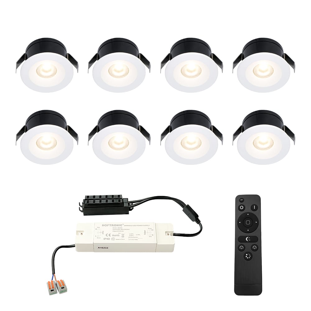 Set van 8 Cadiz LED Mini Inbouwspots met Trafo - 12 Volt 3 Watt 200 lumen - Dimbaar - Plat 26mm (Lage inbouwdiepte) - 2700K - IP44 waterdicht - Wit - Veranda spotjes - overkapping spotjes afbeelding