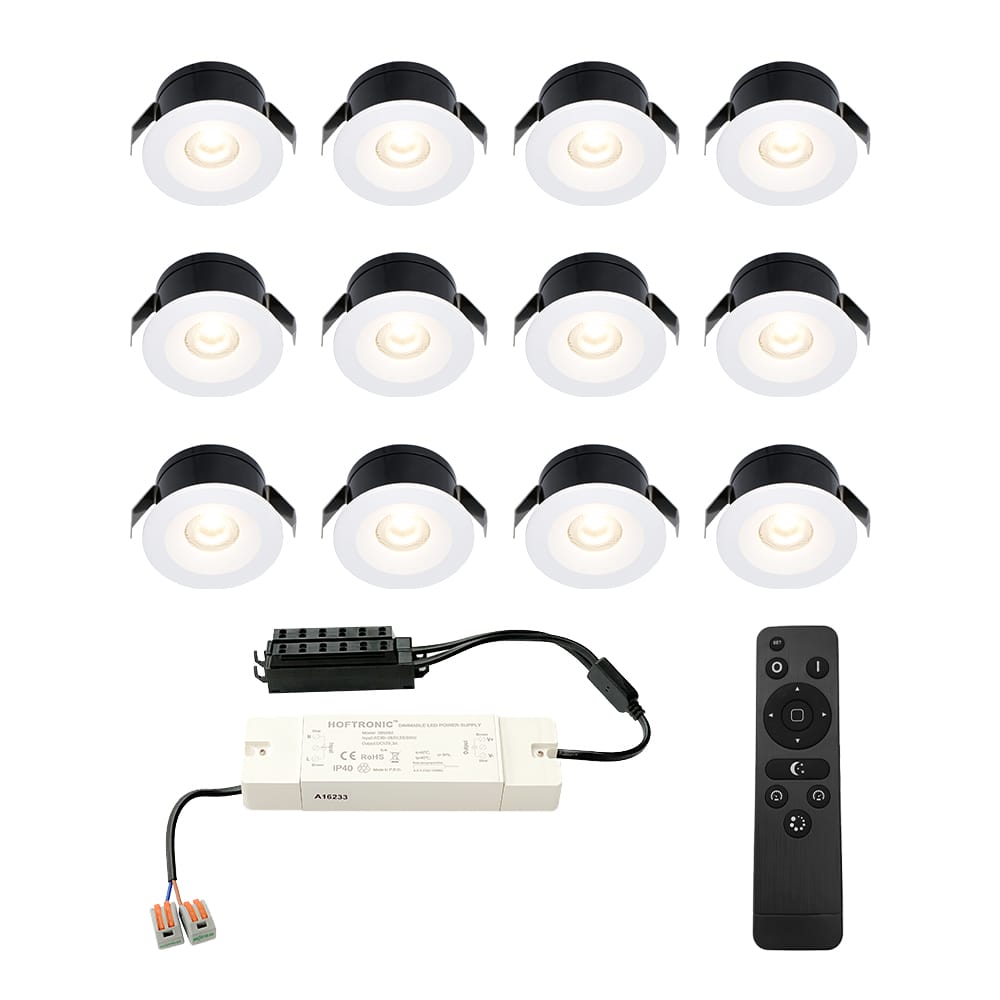 Set van 12 Cadiz LED Mini Inbouwspots met Trafo - 12 Volt 3 Watt 200 lumen - Dimbaar - Plat 26mm (Lage inbouwdiepte) - 2700K - IP44 waterdicht - Wit - Veranda spotjes - overkapping spotjes afbeelding