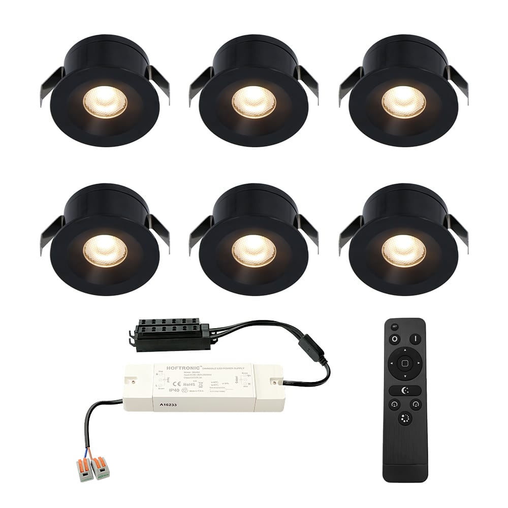 Set van 6 Cadiz LED Mini Inbouwspots met Trafo - 12 Volt 3 Watt 200 lumen - Dimbaar - Plat 26mm (Lage inbouwdiepte) - 2700K - IP44 waterdicht - Zwart - Veranda spotjes - overkapping spotjes afbeelding
