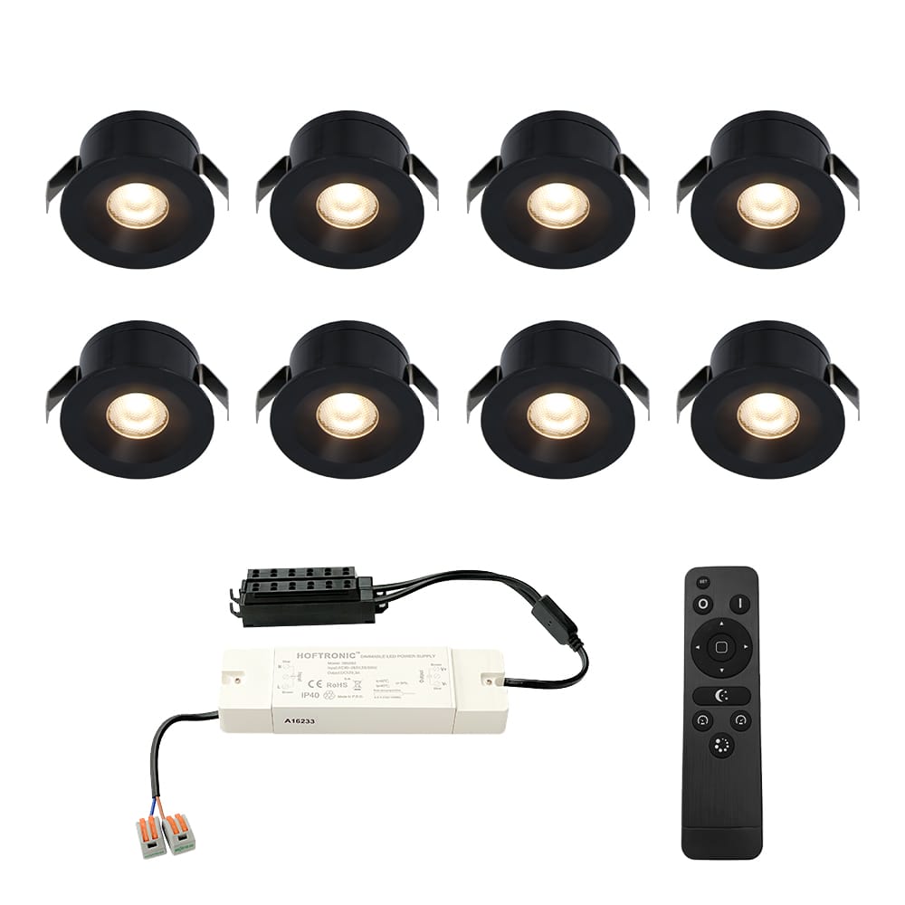 Set van 8 Cadiz LED Mini Inbouwspots met Trafo - 12 Volt 3 Watt 200 lumen - Dimbaar - Plat 26mm (Lage inbouwdiepte) - 2700K - IP44 waterdicht - Zwart - Veranda spotjes - overkapping spotjes afbeelding