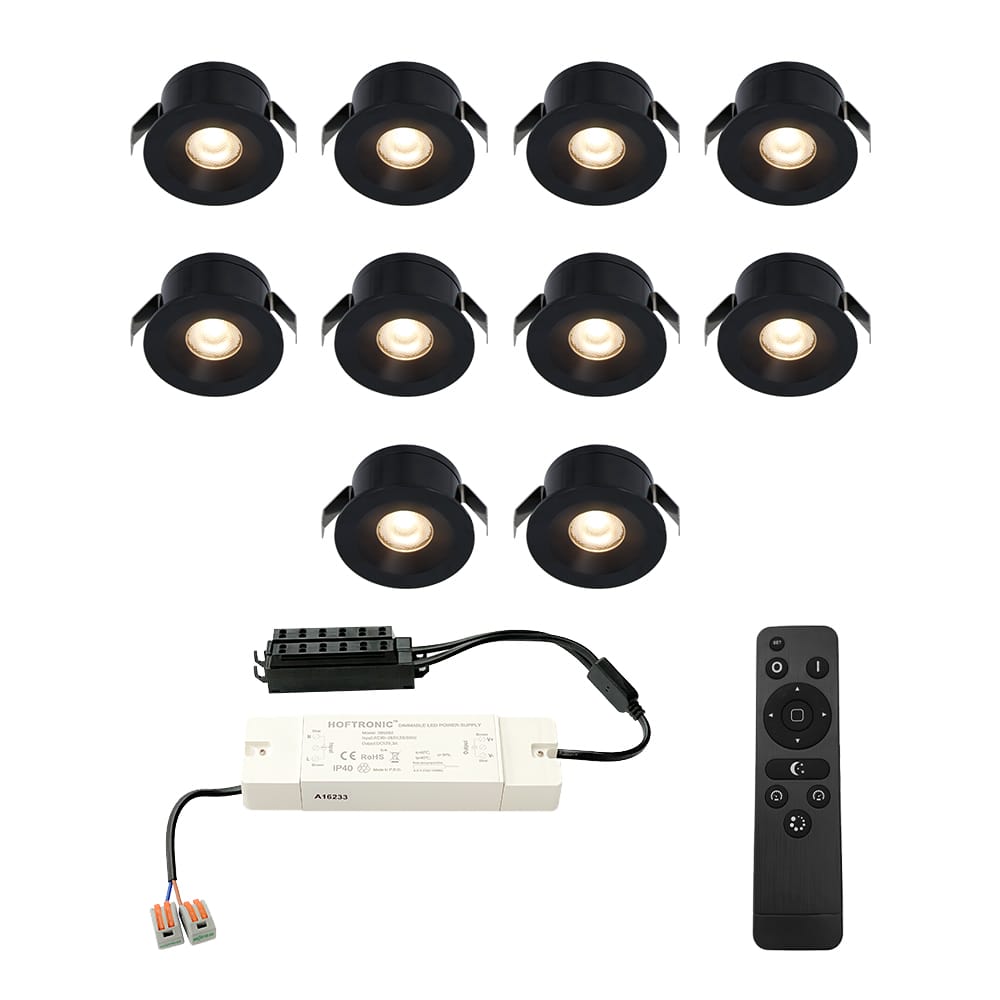 Set van 10 Cadiz LED Mini Inbouwspots met Trafo - 12 Volt 3 Watt 200 lumen - Dimbaar - Plat 26mm (Lage inbouwdiepte) - 2700K - IP44 waterdicht - Zwart - Veranda spotjes - overkapping spotjes afbeelding