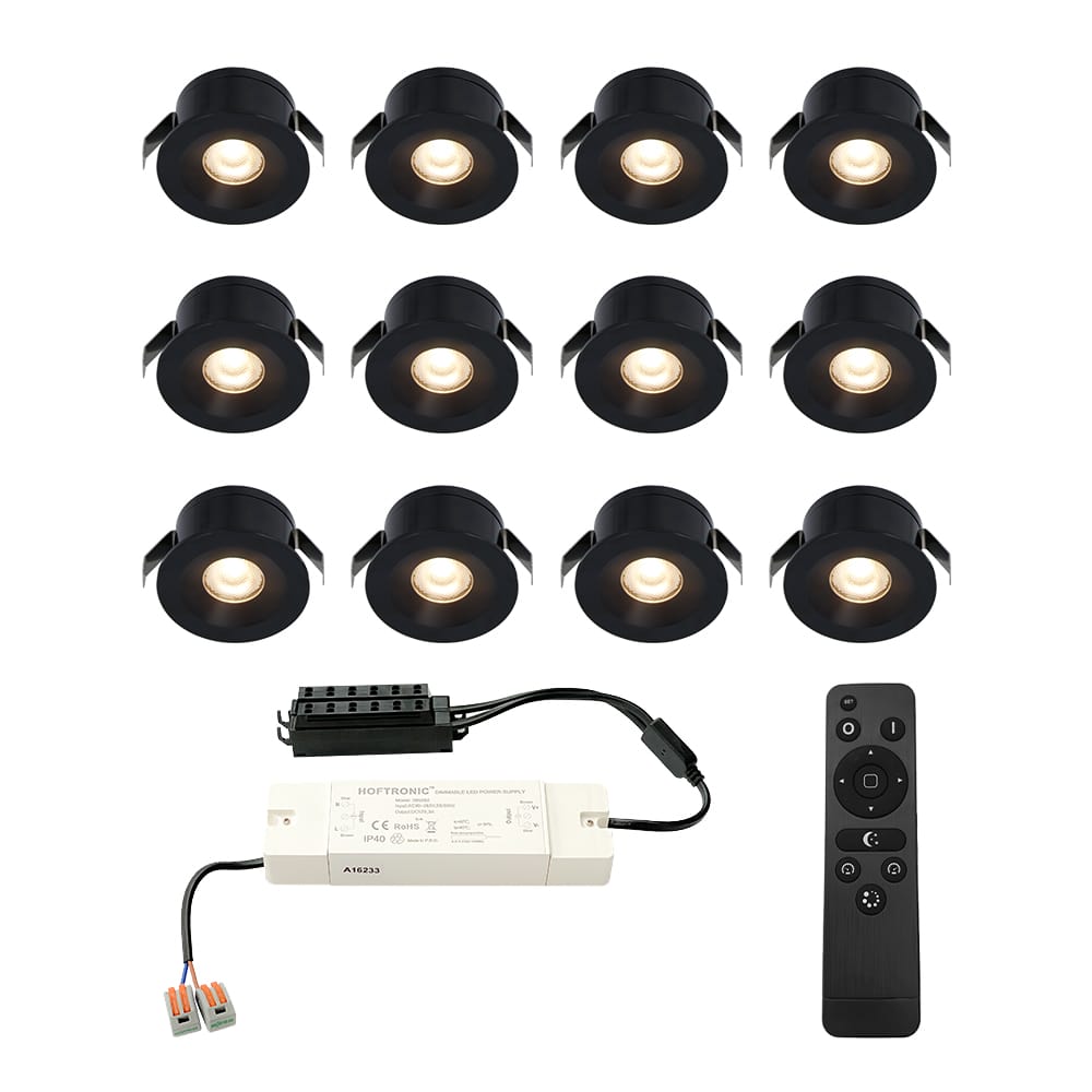 Set van 12 Cadiz LED Mini Inbouwspots met Trafo - 12 Volt 3 Watt 200 lumen - Dimbaar - Plat 26mm (Lage inbouwdiepte) - 2700K - IP44 waterdicht - Zwart - Veranda spotjes - overkapping spotjes afbeelding