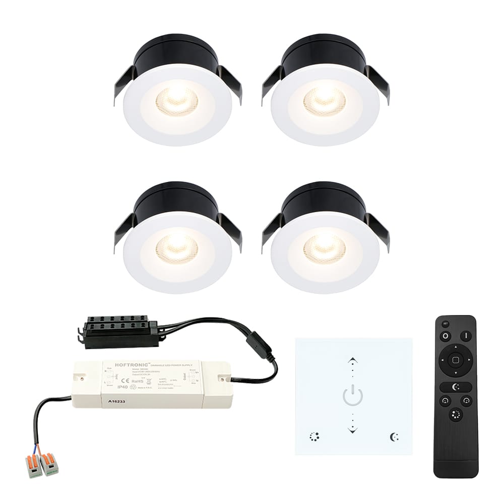 Set van 4 Cadiz LED Mini Inbouwspots met Trafo en Muurdimmer - 12 Volt 3 Watt 200 lumen - Dimbaar - Plat 26mm - 2700K - IP44 waterdicht - Wit - Veranda Spotjes - Overkapping Spotjes afbeelding