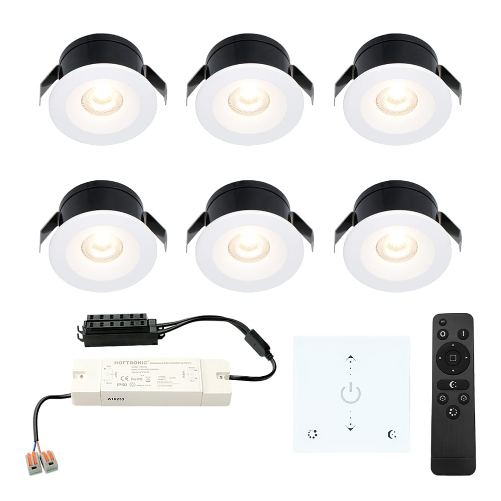 Set van 6 Cadiz LED Mini Inbouwspots met Trafo en Muurdimmer - 12 Volt 3 Watt 200 lumen - Dimbaar - Plat 26mm - 2700K - IP44 waterdicht - Wit - Veranda Spotjes - Overkapping Spotjes afbeelding