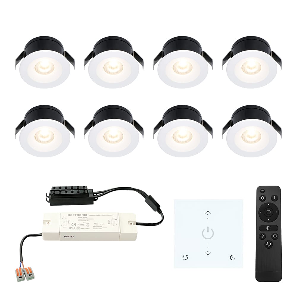 Set van 8 Cadiz LED Mini Inbouwspots met Trafo en Muurdimmer - 12 Volt 3 Watt 200 lumen - Dimbaar - Plat 26mm - 2700K - IP44 waterdicht - Wit - Veranda Spotjes - Overkapping Spotjes afbeelding