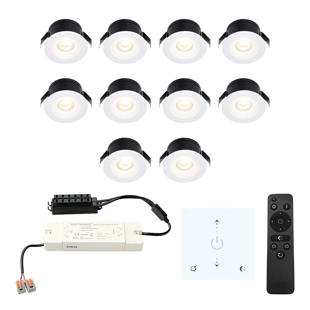 Set van 10 Cadiz LED Mini Inbouwspots met Trafo en Muurdimmer - 12 Volt 3 Watt 200 lumen - Dimbaar - Plat 26mm - 2700K - IP44 waterdicht - Wit - Veranda Spotjes - Overkapping Spotjes afbeelding