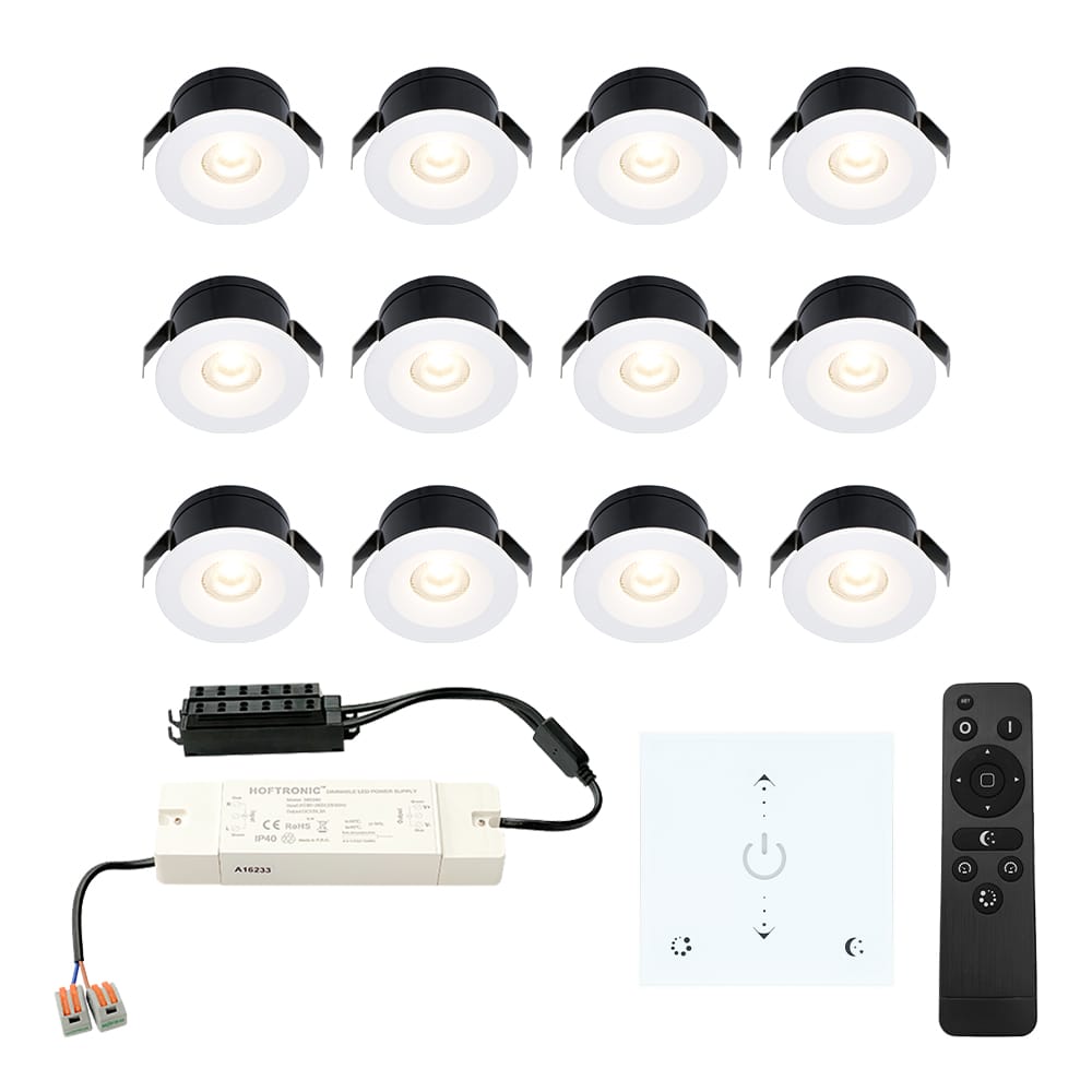 Set van 12 Cadiz LED Mini Inbouwspots met Trafo en Muurdimmer - 12 Volt 3 Watt 200 lumen - Dimbaar - Plat 26mm - 2700K - IP44 waterdicht - Wit - Veranda Spotjes - Overkapping Spotjes afbeelding