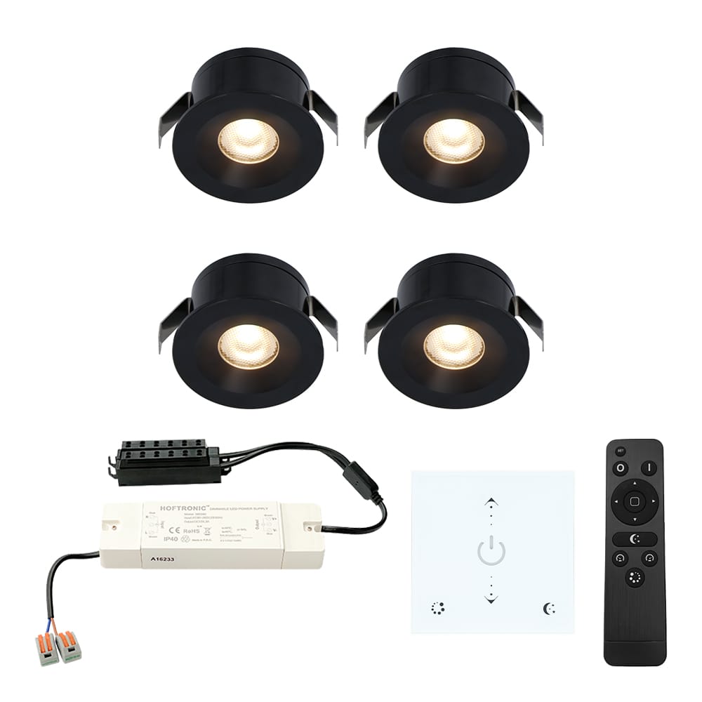 Set van 4 Cadiz LED Mini Inbouwspots met trafo en muurdimmer - 12 Volt 3 Watt 200 lumen - Dimbaar - Plat 26mm - 2700K - IP44 waterdicht - Zwart - Veranda Spotjes - Overkapping Spotjes afbeelding