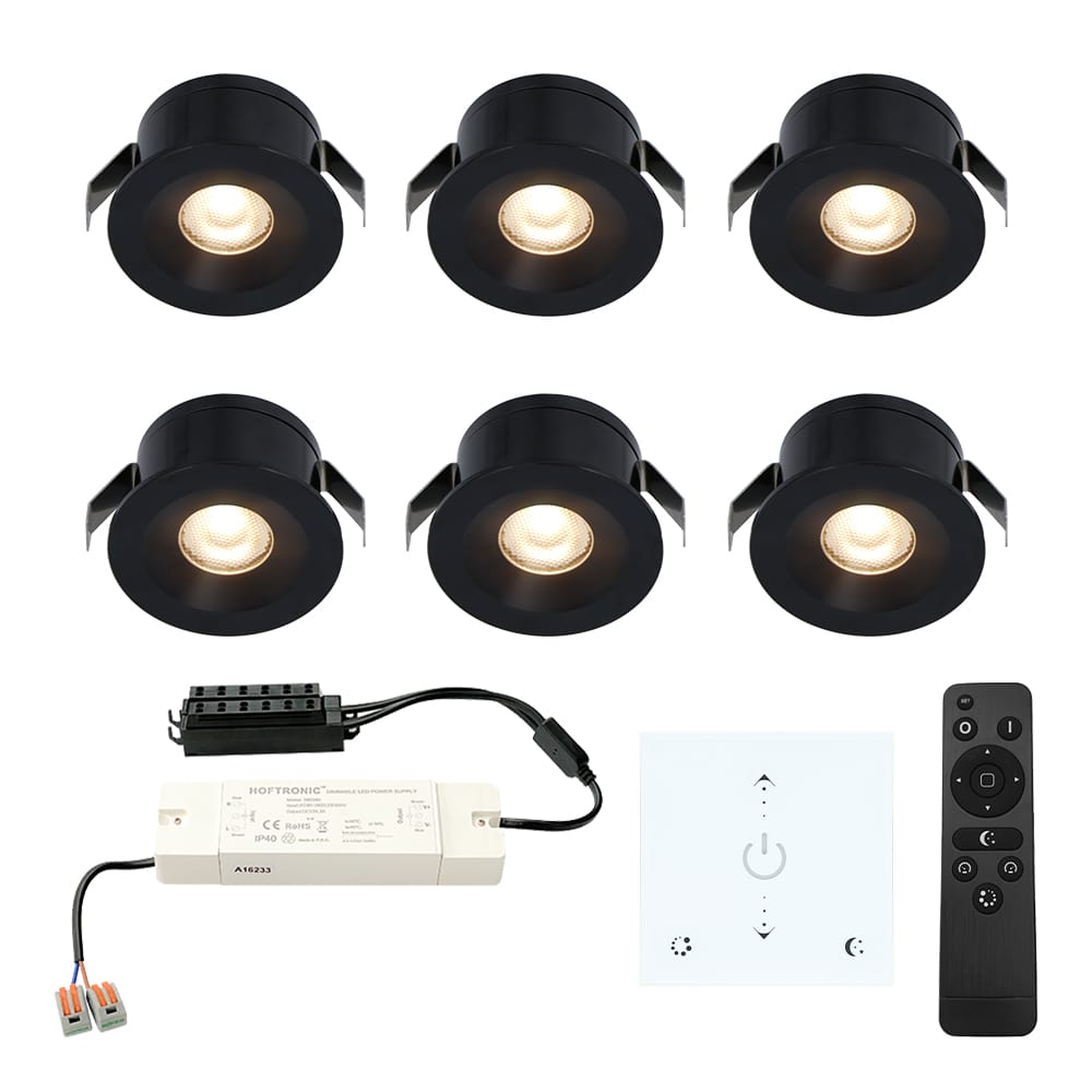 Set van 6 Cadiz LED Mini Inbouwspots met Trafo en Muurdimmer - 12 Volt 3 Watt 200 lumen - Dimbaar - Plat 26mm - 2700K - IP44 waterdicht - Zwart - Veranda Spotjes - Overkapping Spotjes afbeelding