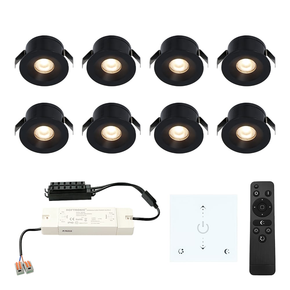 Set van 8 Cadiz LED Mini Inbouwspots met Trafo en Muurdimmer - 12 Volt 3 Watt 200 lumen - Dimbaar - Plat 26mm - 2700K - IP44 waterdicht - Zwart - Veranda Spotjes - Overkapping Spotjes afbeelding