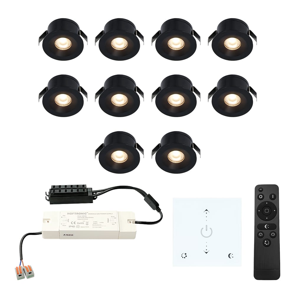 Set van 10 Cadiz LED Mini Inbouwspots met Trafo en Muurdimmer - 12 Volt 3 Watt 200 lumen - Dimbaar - Plat 26mm - 2700K - IP44 waterdicht - Zwart - Veranda Spotjes - Overkapping Spotjes afbeelding