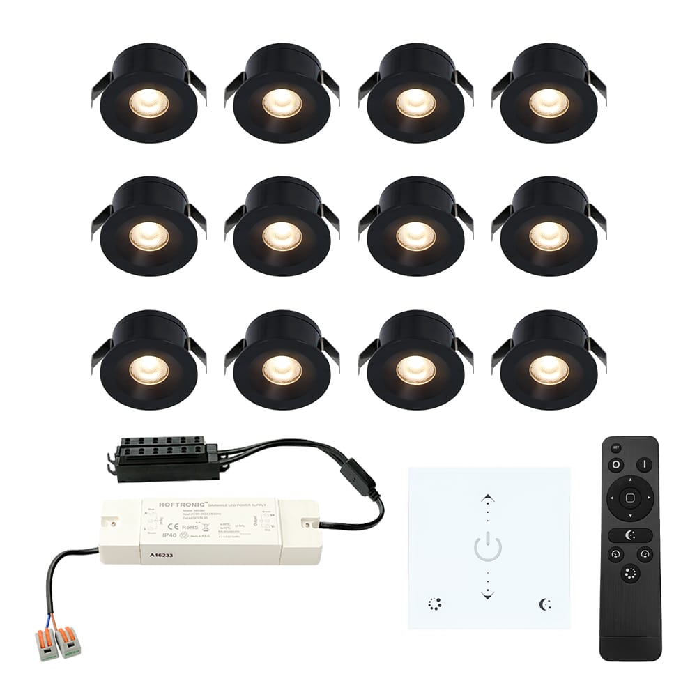 Set van 12 Cadiz LED Mini Inbouwspots met Trafo en Muurdimmer - 12 Volt 3 Watt 200 lumen - Dimbaar - Plat 26mm - 2700K - IP44 waterdicht - Zwart - Veranda Spotjes - Overkapping Spotjes afbeelding 1