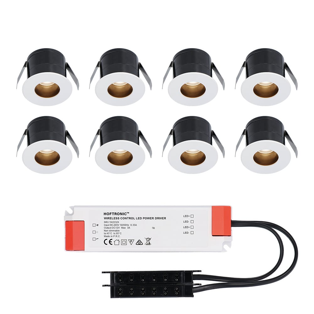 Set van 8 Olivia LED Mini Inbouwspots met Trafo - 12 Volt 3 Watt 150 lumen - Verzonken - Plat 36mm - 2700K - IP44 waterdicht - Niet Dimbaar - Wit afbeelding