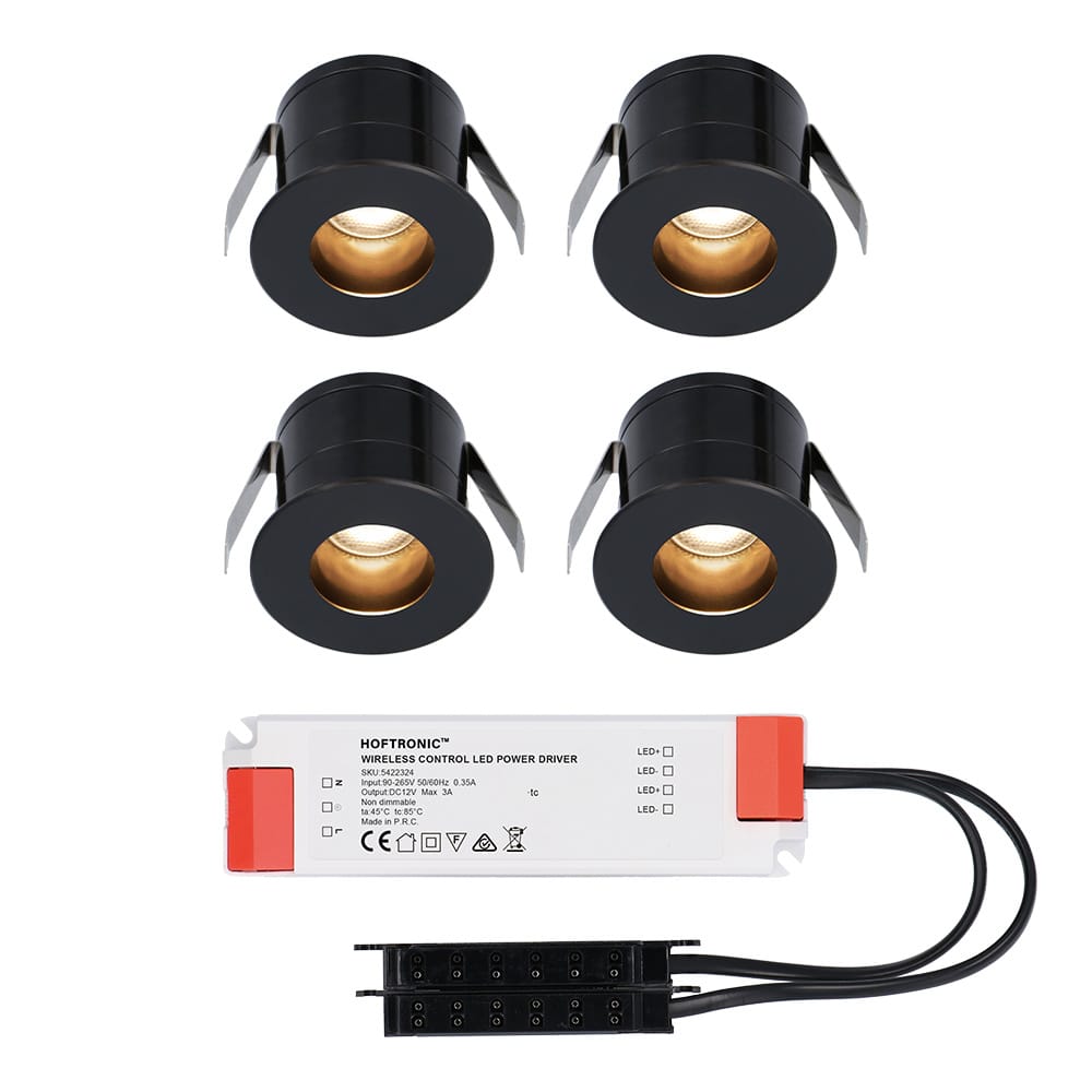 Set van 4 Olivia LED Mini Inbouwspots met Trafo - 12 Volt 3 Watt 150 lumen - Verzonken - Plat 36mm - 2700K - IP44 waterdicht - Niet Dimbaar - Zwart afbeelding