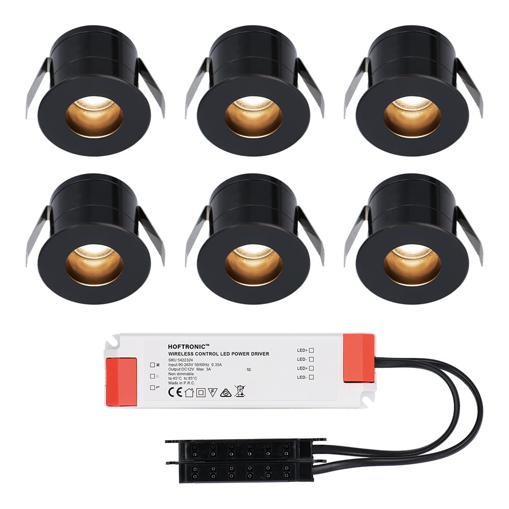 Set van 6 Olivia LED Mini Inbouwspots met Trafo - 12 Volt 3 Watt 150 lumen - Verzonken - Plat 36mm - 2700K - IP44 waterdicht - Niet Dimbaar - Zwart afbeelding
