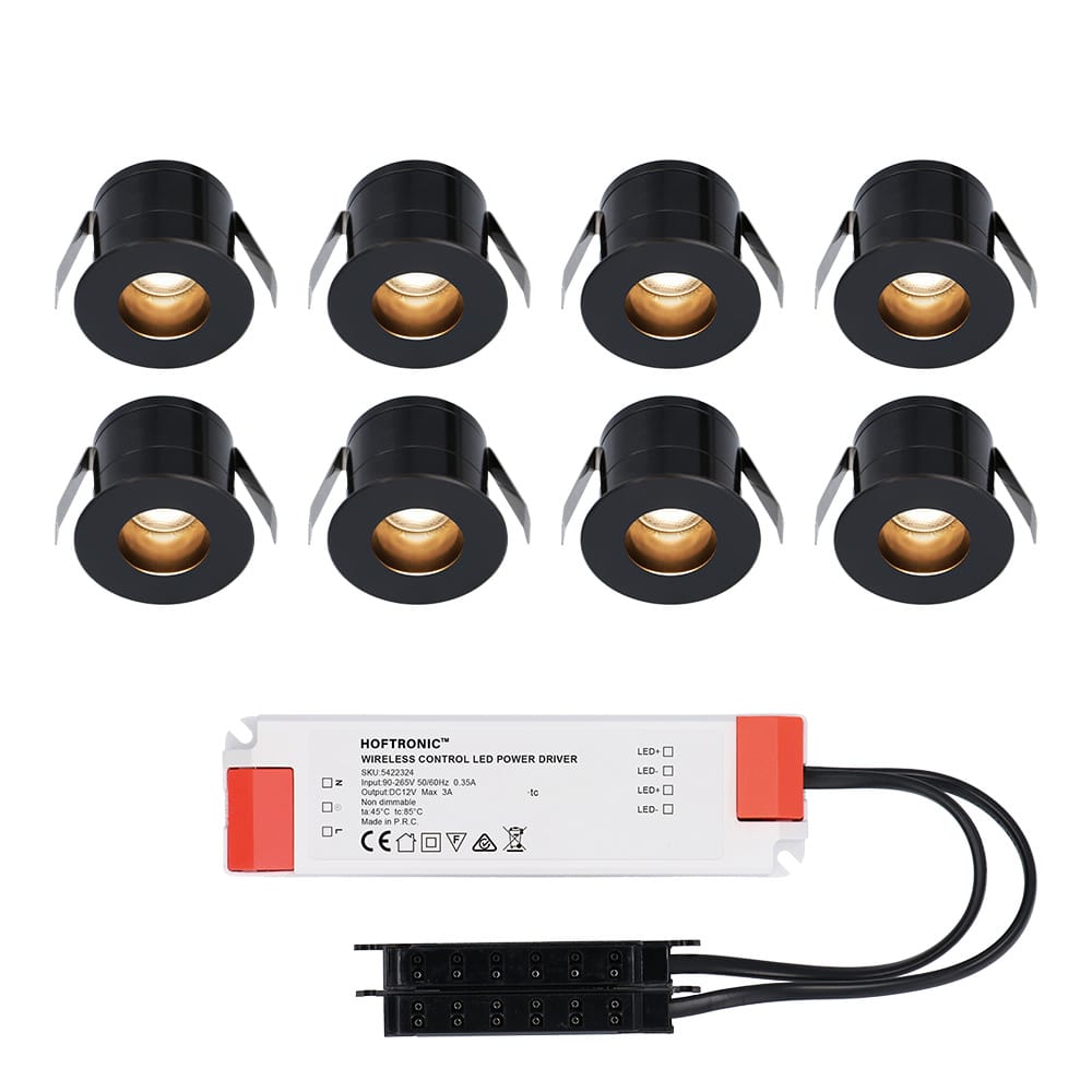 Set van 8 Olivia LED Mini Inbouwspots met Trafo - 12 Volt 3 Watt 150 lumen - Verzonken - Plat 36mm - 2700K - IP44 waterdicht - Niet Dimbaar - Zwart afbeelding