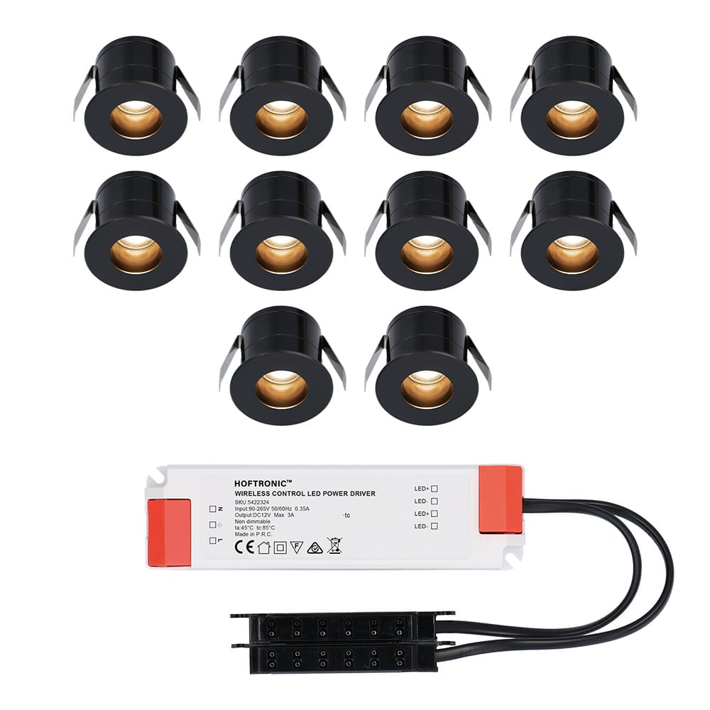 Set van 10 Olivia LED Mini Inbouwspots met Trafo - 12 Volt 3 Watt 150 lumen - Verzonken - Plat 36mm - 2700K - IP44 waterdicht - Niet Dimbaar - Zwart afbeelding