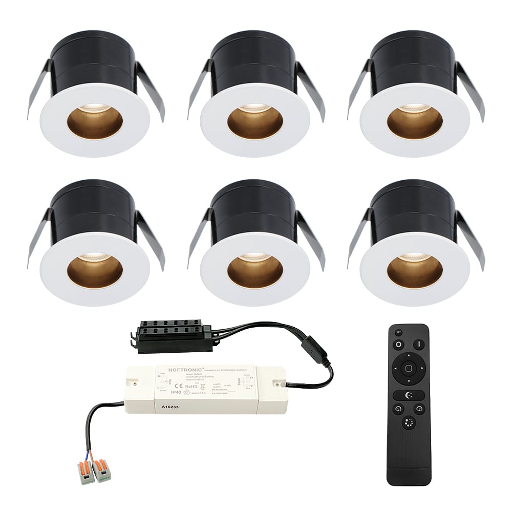 Set van 6 Olivia LED Mini Inbouwspots met Trafo - 12 Volt 3 Watt 150 lumen - Dimbaar - Verzonken - Plat 36mm - 2700K - IP44 waterdicht - Wit - Veranda Spotjes - Overkapping Spotjes afbeelding