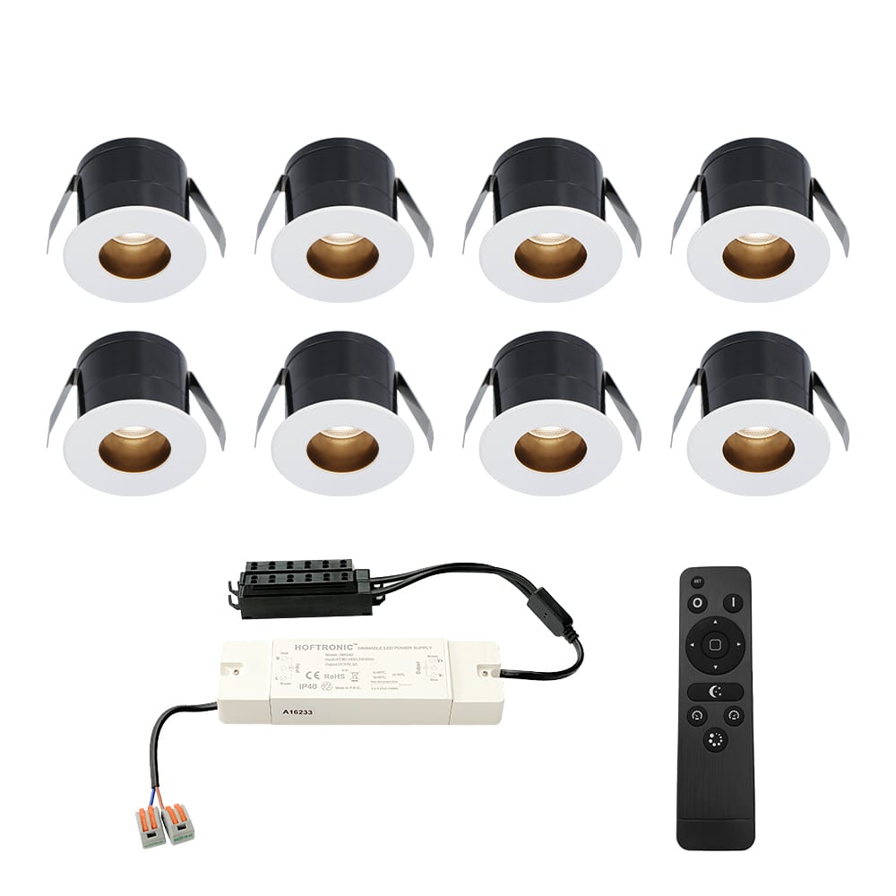 Set van 8 Olivia LED Mini Inbouwspots met Trafo - 12 Volt 3 Watt 150 lumen - Dimbaar - Verzonken - Plat 36mm - 2700K - IP44 waterdicht - Wit - Veranda Spotjes - Overkapping Spotjes afbeelding