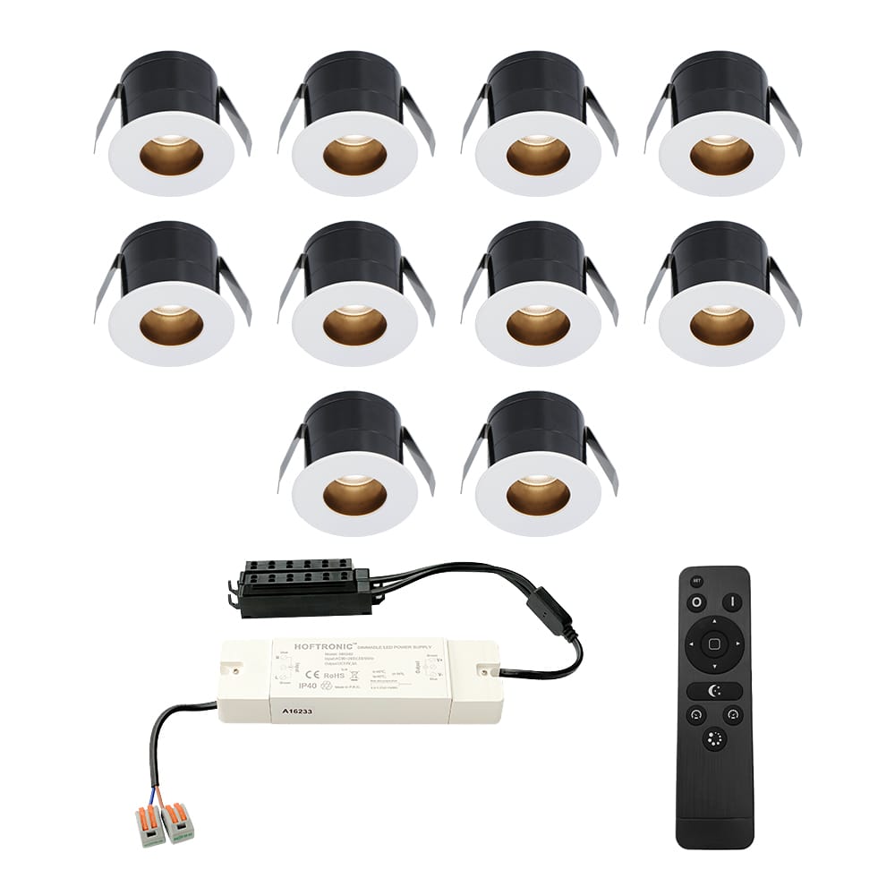 Set van 10 Olivia LED Mini Inbouwspots met Trafo - 12 Volt 3 Watt 150 lumen - Dimbaar - Verzonken - Plat 36mm - 2700K - IP44 waterdicht - Wit - Veranda Spotjes - Overkapping Spotjes afbeelding