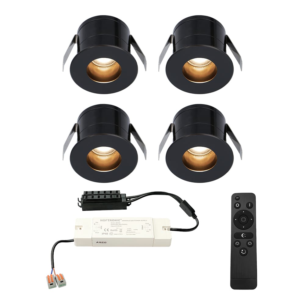 Set van 4 Olivia LED Mini Inbouwspots met Trafo - 12 Volt 3 Watt 150 lumen - Dimbaar - Verzonken - Plat 36mm - 2700K - IP44 waterdicht - Zwart - Veranda Spotjes - Overkapping Spotjes afbeelding