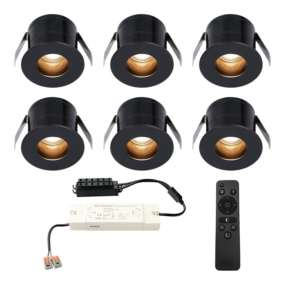 Set van 6 Olivia LED Mini Inbouwspots met Trafo - 12 Volt 3 Watt 150 lumen - Dimbaar - Verzonken - Plat 36mm - 2700K - IP44 waterdicht - Zwart - Veranda Spotjes - Overkapping Spotjes afbeelding