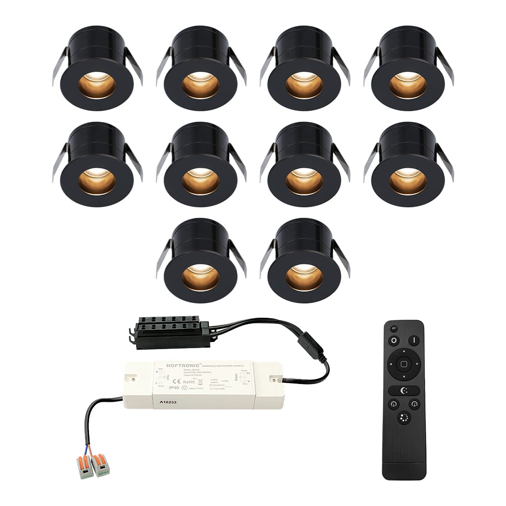 Set van 10 Olivia LED Mini Inbouwspots met Trafo - 12 Volt 3 Watt 150 lumen - Dimbaar - Verzonken - Plat 36mm - 2700K - IP44 waterdicht - Zwart - Veranda Spotjes - Overkapping Spotjes afbeelding