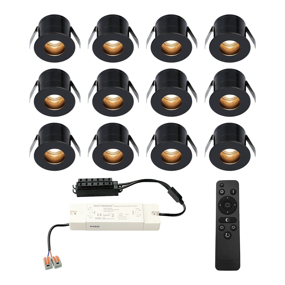 Set van 12 Olivia LED Mini Inbouwspots met Trafo - 12 Volt 3 Watt 150 lumen - Dimbaar - Verzonken - Plat 36mm - 2700K - IP44 waterdicht - Zwart - Veranda Spotjes - Overkapping Spotjes afbeelding