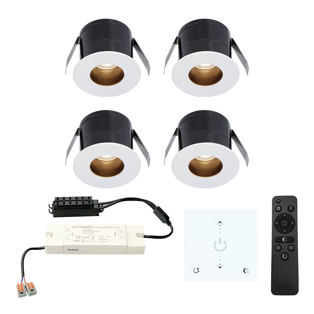 Set van 4 Olivia LED Mini Inbouwspots met Trafo en Muurdimmer - 12 Volt 3 Watt 150 lumen - Dimbaar - Verzonken - Plat 36mm - 2700K - IP44 waterdicht - Wit afbeelding 1