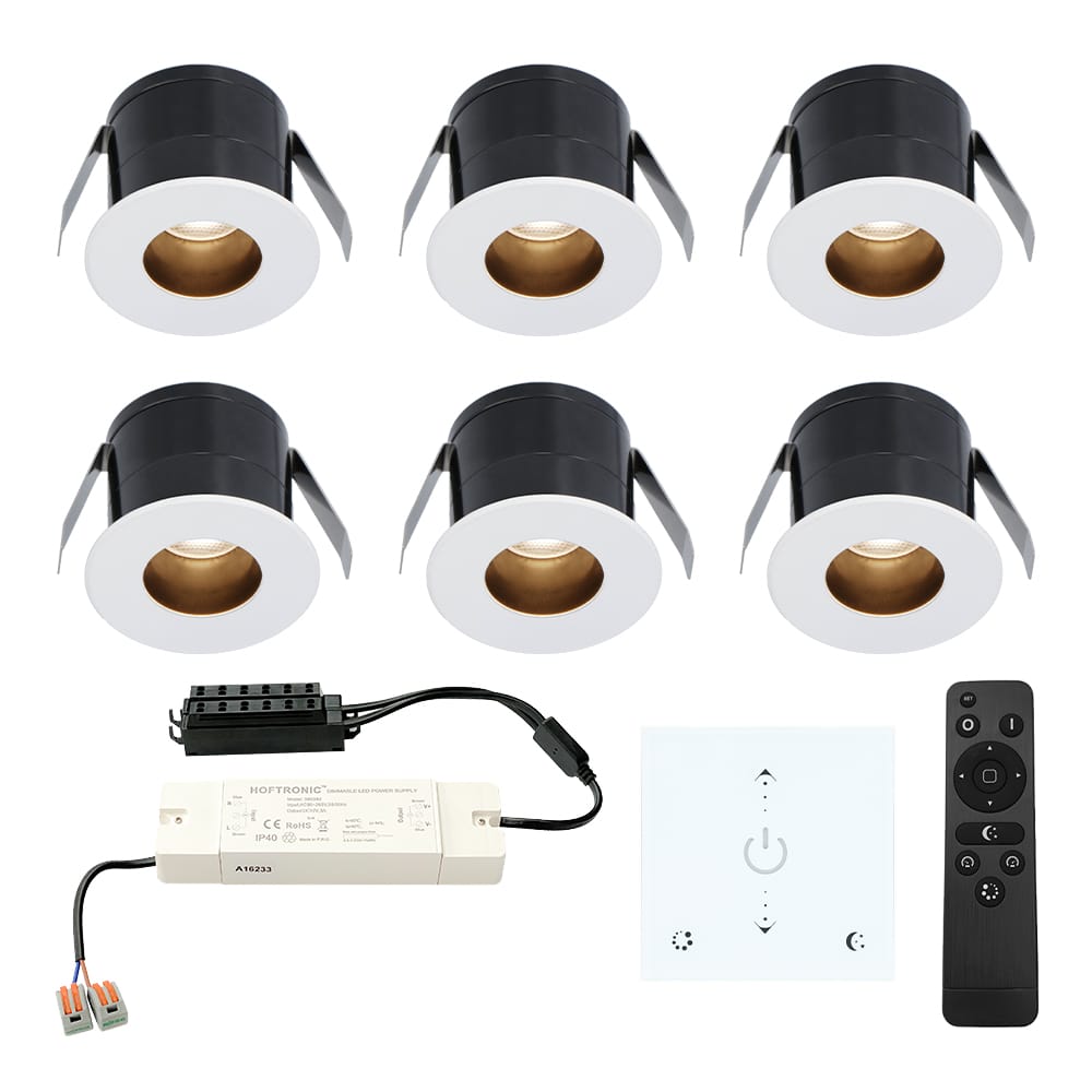 Set van 6 Olivia LED Mini Inbouwspots met Trafo en Muurdimmer - 12 Volt 3 Watt 150 lumen - Dimbaar - Verzonken - Plat 36mm - 2700K - IP44 waterdicht - Wit afbeelding