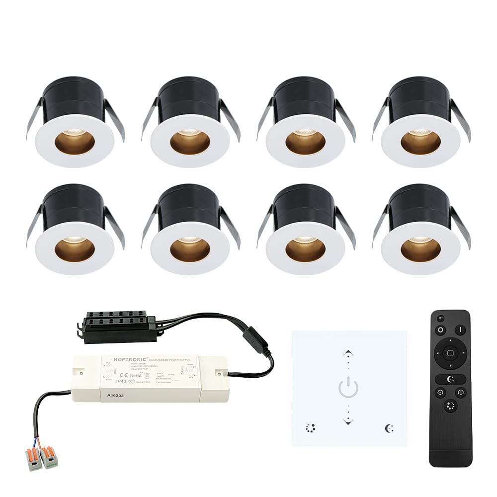 Set van 8 Olivia LED Mini Inbouwspots met Trafo en Muurdimmer - 12 Volt 3 Watt 150 lumen - Dimbaar - Verzonken - Plat 36mm - 2700K - IP44 waterdicht - Wit afbeelding