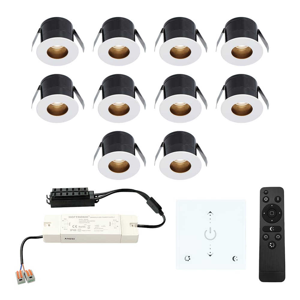 Set van 10 Olivia LED Mini Inbouwspots met Trafo en Muurdimmer - 12 Volt 3 Watt 150 lumen - Dimbaar - Verzonken - Plat 36mm - 2700K - IP44 waterdicht - Wit afbeelding
