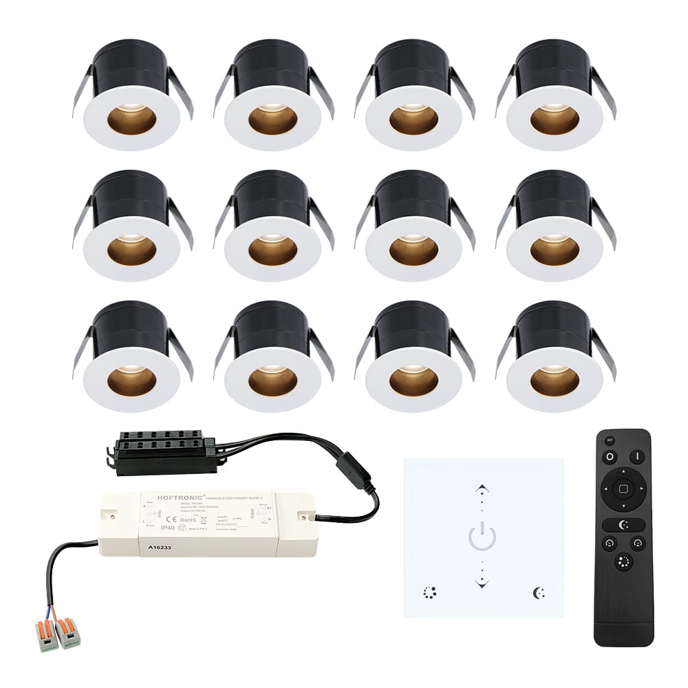 Set van 12 Olivia LED Mini Inbouwspots met Trafo en Muurdimmer - 12 Volt 3 Watt 150 lumen - Dimbaar - Verzonken - Plat 36mm - 2700K - IP44 waterdicht - Wit afbeelding