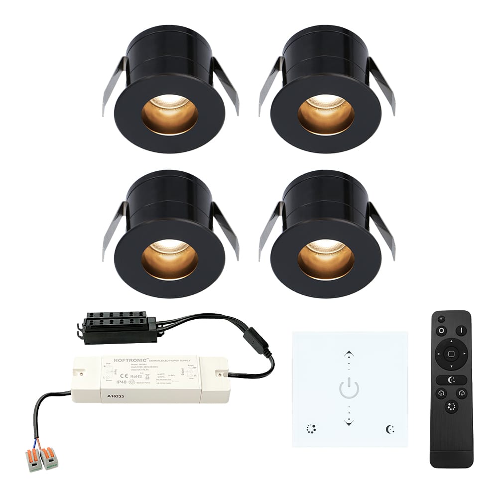Set van 4 Olivia LED Mini Inbouwspots met Trafo en Muurdimmer - 12 Volt 3 Watt 150 lumen - Dimbaar - Verzonken - Plat 36mm - 2700K - IP44 waterdicht - Zwart afbeelding