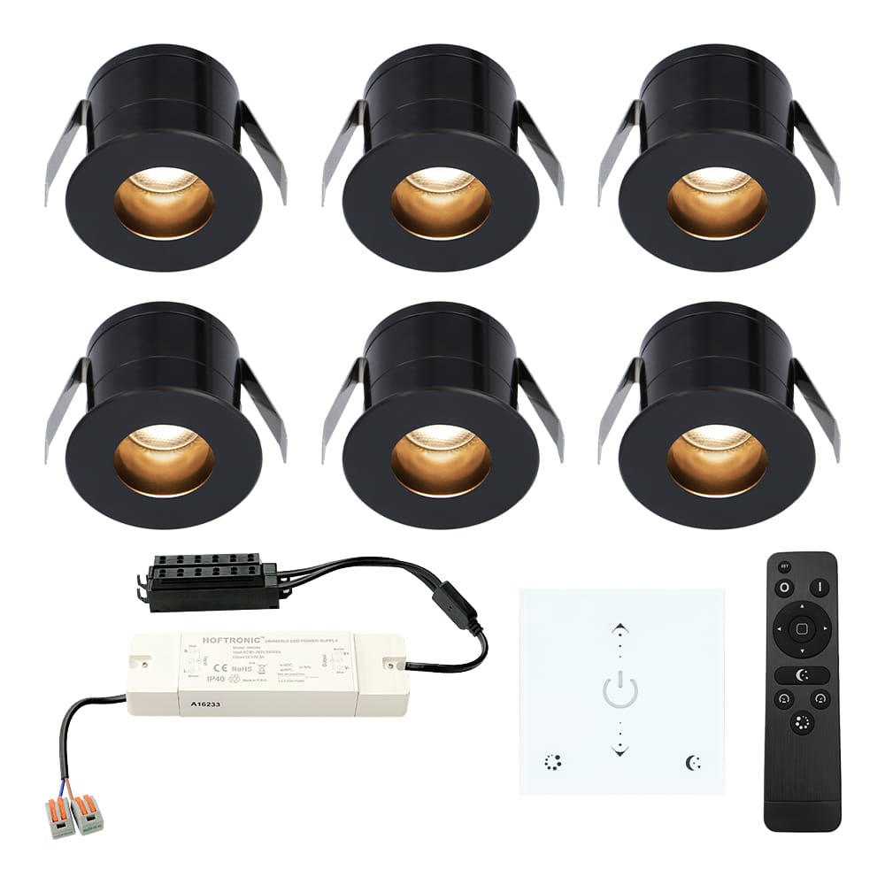 Set van 6 Olivia LED Mini Inbouwspots met Trafo en Muurdimmer - 12 Volt 3 Watt 150 lumen - Dimbaar - Verzonken - Plat 36mm - 2700K - IP44 waterdicht - Zwart afbeelding