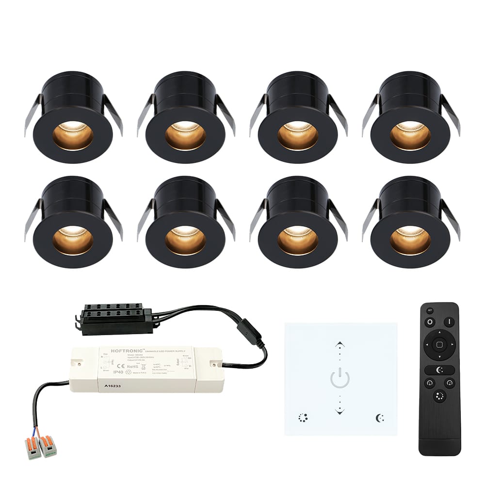 Set van 8 Olivia LED Mini Inbouwspots met Trafo en Muurdimmer - 12 Volt 3 Watt 150 lumen - Dimbaar - Verzonken - Plat 36mm - 2700K - IP44 waterdicht - Zwart afbeelding