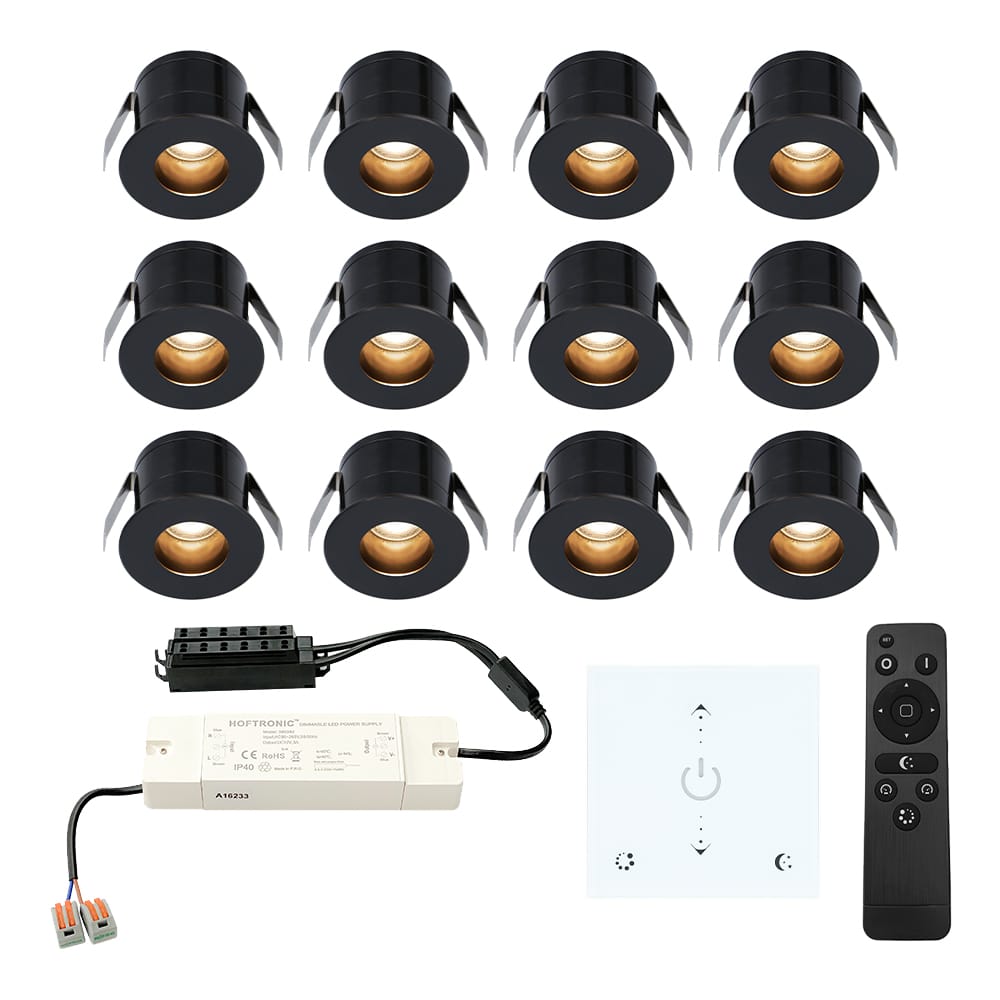 Set van 12 Olivia LED Mini Inbouwspots met Trafo en Muurdimmer - 12 Volt 3 Watt 150 lumen - Dimbaar - Verzonken - Plat 36mm - 2700K - IP44 waterdicht - Zwart afbeelding