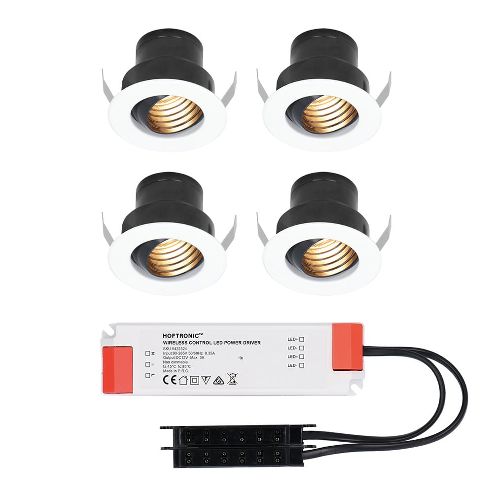 Set van 4 Medina LED Mini Inbouwspots met Trafo - 12 Volt 3 Watt 150 lumen - Kantelbaar - Verzonken - Plat 35mm - 2700K - IP44 waterdicht - Wit afbeelding