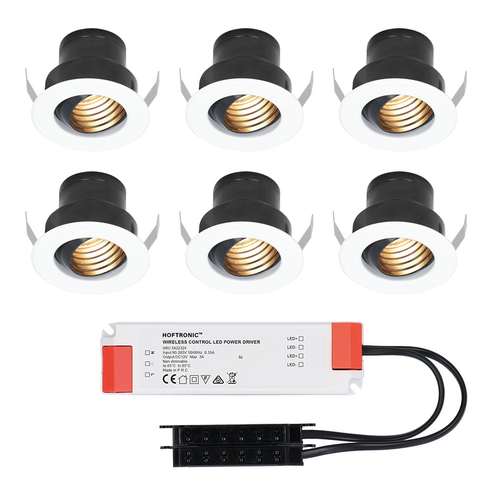 Set van 6 Medina LED Mini Inbouwspots met Trafo - 12 Volt 3 Watt 150 lumen - Kantelbaar - Verzonken - Plat 35mm - 2700K - IP44 waterdicht - Wit afbeelding