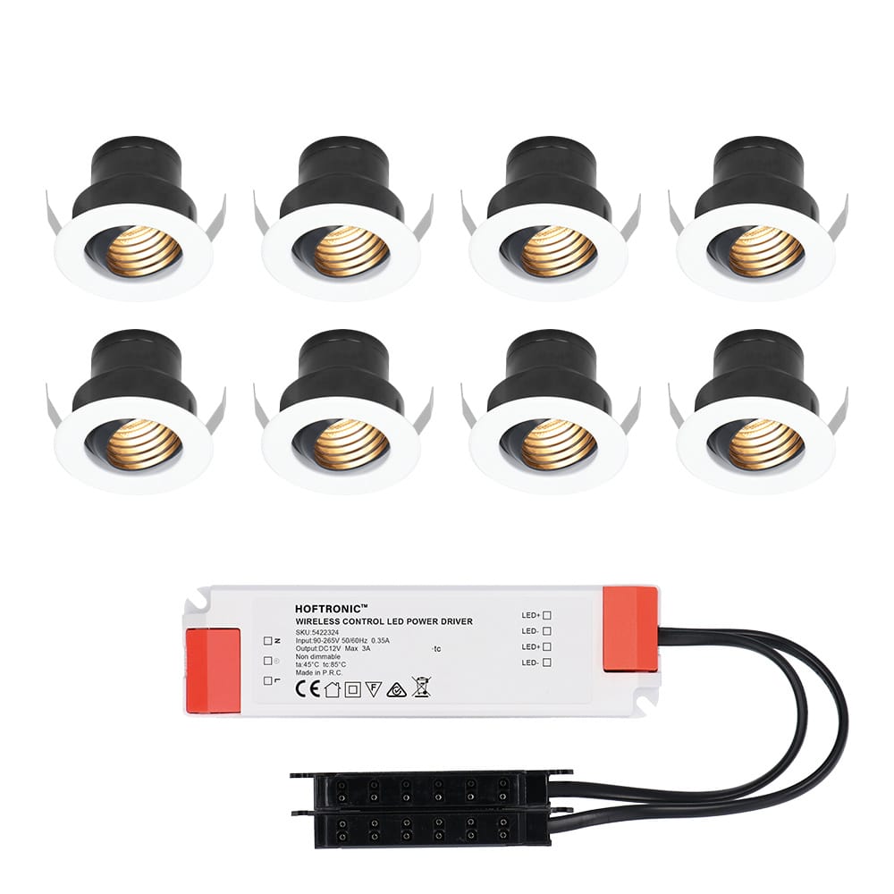 Set van 8 Medina LED Mini Inbouwspots met Trafo - 12 Volt 3 Watt 150 lumen - Kantelbaar - Verzonken - Plat 35mm - 2700K - IP44 waterdicht - Wit afbeelding
