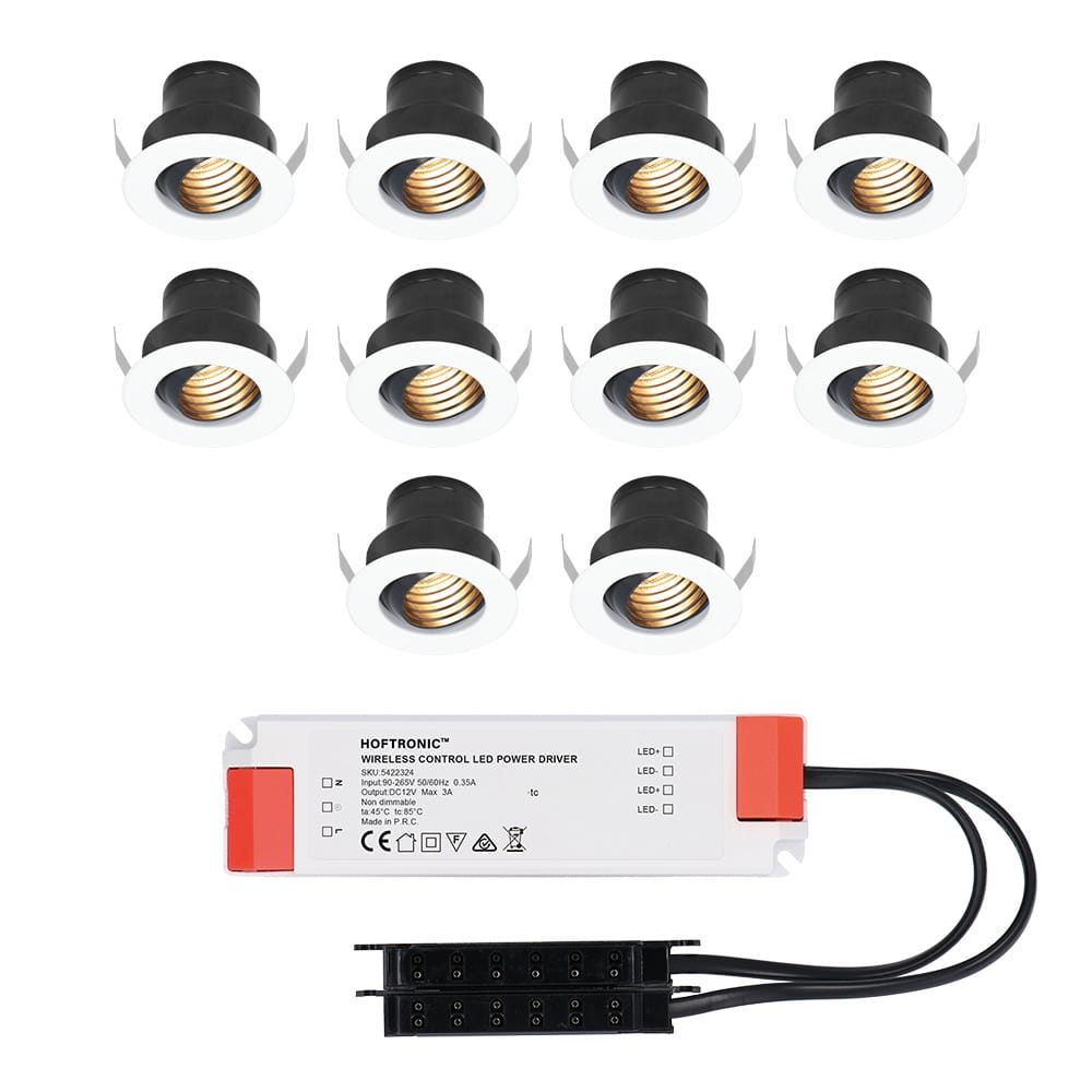 Set van 10 Medina LED Mini Inbouwspots met Trafo - 12 Volt 3 Watt 150 lumen - Kantelbaar - Verzonken - Plat 35mm - 2700K - IP44 waterdicht - Wit afbeelding