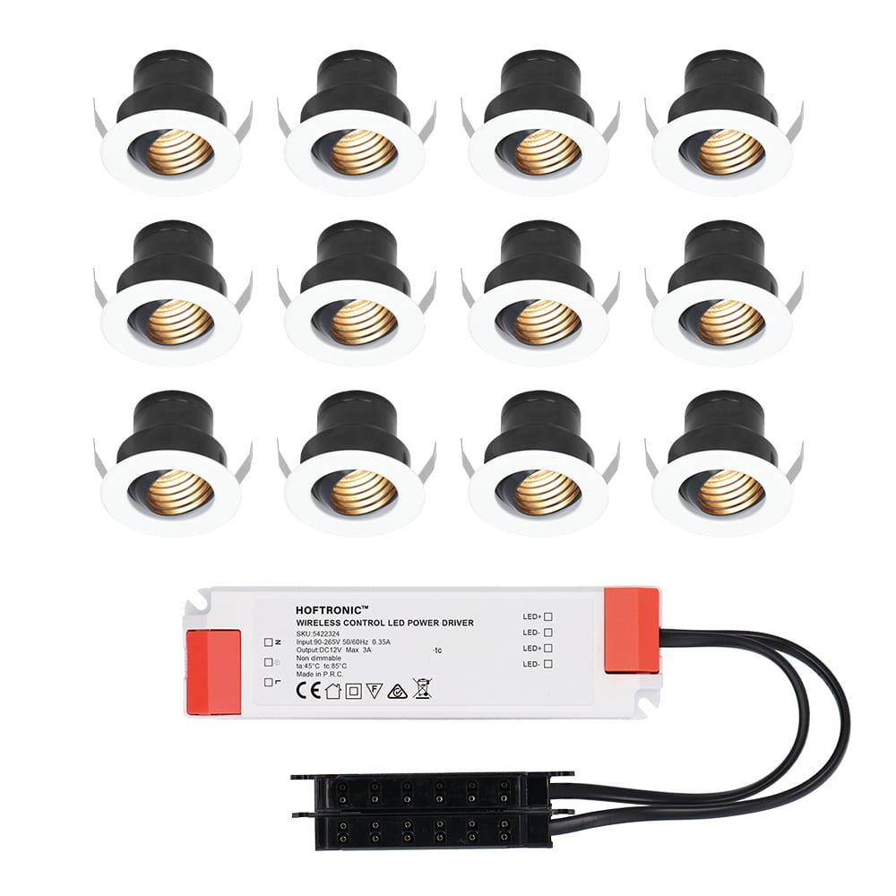 Set van 12 Medina LED Mini Inbouwspots met Trafo - 12 Volt 3 Watt 150 lumen - Kantelbaar - Verzonken - Plat 35mm - 2700K - IP44 waterdicht - Wit afbeelding
