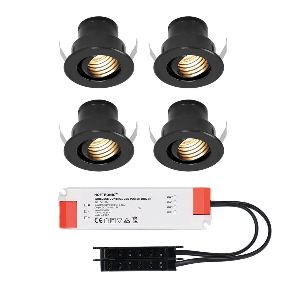 Set van 4 Medina LED Mini Inbouwspots met Trafo - 12 Volt 3 Watt 150 lumen - Kantelbaar - Verzonken - Plat 35mm - 2700K - IP44 waterdicht - Zwart afbeelding