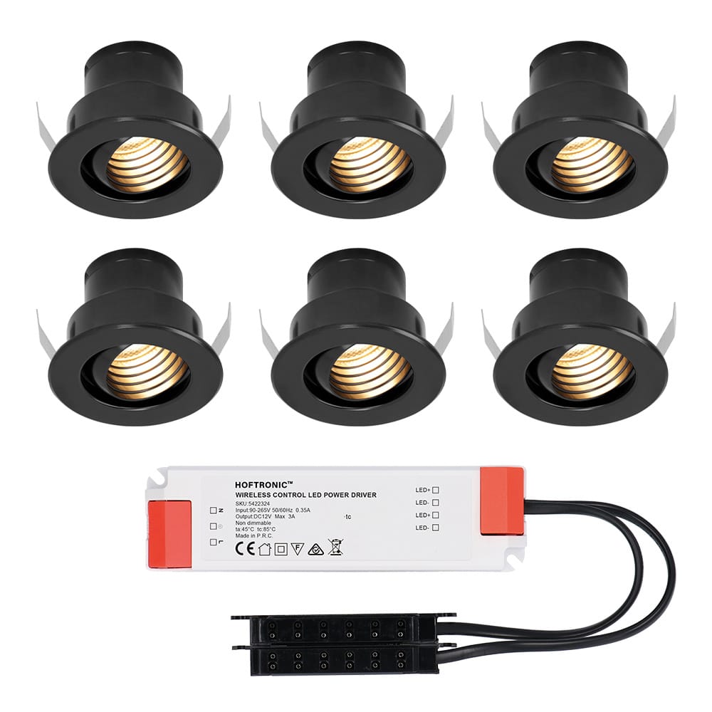 Set van 6 Medina LED Mini Inbouwspots met Trafo - 12 Volt 3 Watt 150 lumen - Kantelbaar - Verzonken - Plat 35mm - 2700K - IP44 waterdicht - Zwart afbeelding